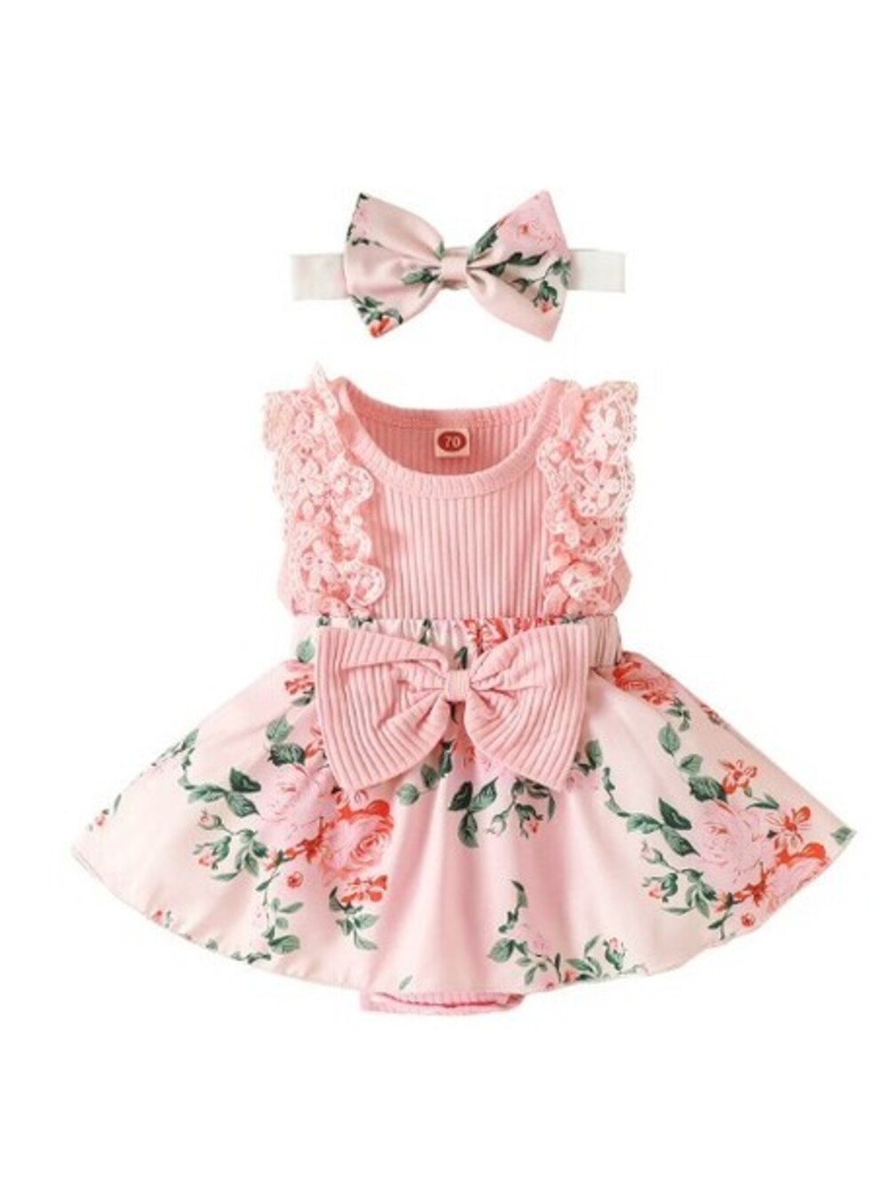 Baby Girl Pink Floral Lace Dress with Headband - 0-3m